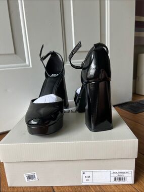 bp Black Patent Platform Mary Jane Block Heels